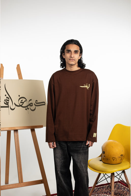 brown left arabic graphic tee -long sleeve